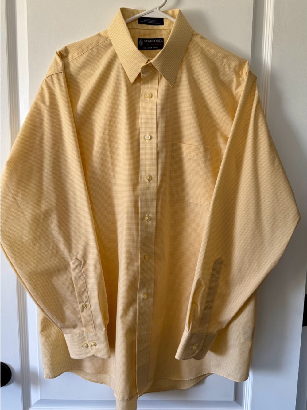 Stafford Men's gingham check pattern Light Yellow Dress Shirt with Point Collar